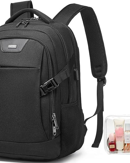 DUSLANG Anti-Theft Laptop Backpack, Black, 15.6-14-13 Inch Laptop Sleeve, USB Charging Port and Clear Cosmetic Toiletry Bag