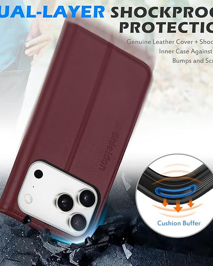 SHIELDON Genuine Leather Case Wallet for iPhone 17 Pro 5G 6.3" | RFID Blocking Credit Card Holder | Magnetic Closure | Folio Cover | Kickstand | TPU Soft Phone Shell 2025 | Wine Red