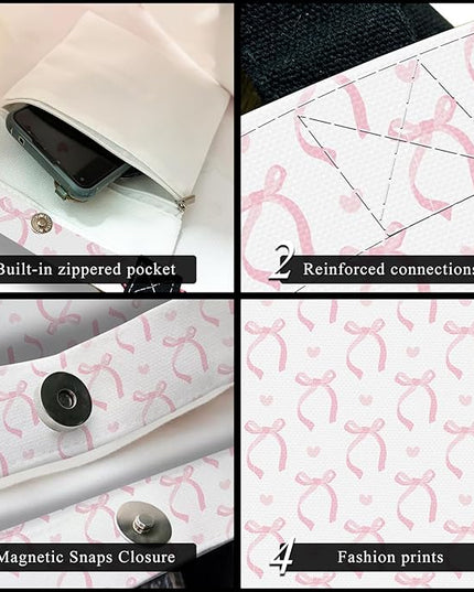 Canvas Tote Bag for Women，Cute Heavy-Duty Shoulder Bag with Zipper Pocket -Travel Tote for Grocery, Gym,Shopping