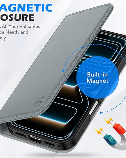 SHIELDON Genuine Leather Wallet Case for iPhone 17 Pro 6.3-inch 2025 | Folio Magnetic | RFID Blocking Credit Card Holder | Kickstand | TPU Shockproof Phone Cover for Men Women | Gray