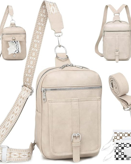 Sling Bag Crossbody Backpack - 2 in 1 Leather Cross Body Bag Fanny Pack with 2 Removable Straps