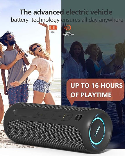 Wireless Portable Speaker,IPX7 Waterproof Bluetooth Speaker, 25W Loud Stereo Sound, Bassboom Technology, TWS Pairing, Built-in Mic, 16H Playtime with Lights for Home Outdoor - Black