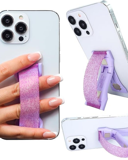 LOVEHANDLE PRO Premium Phone Grip - Silicone Phone Strap - Magnetic Phone Mount and Kickstand for Smartphone and Tablet - Amethyst Glitter Silicone