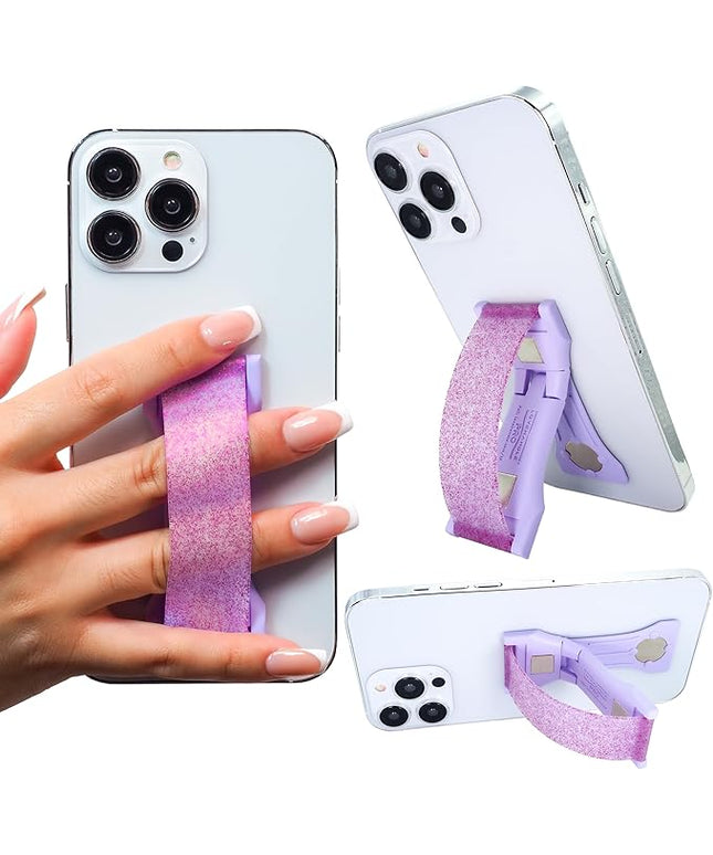 LOVEHANDLE PRO Premium Phone Grip - Silicone Phone Strap - Magnetic Phone Mount and Kickstand for Smartphone and Tablet - Amethyst Glitter Silicone