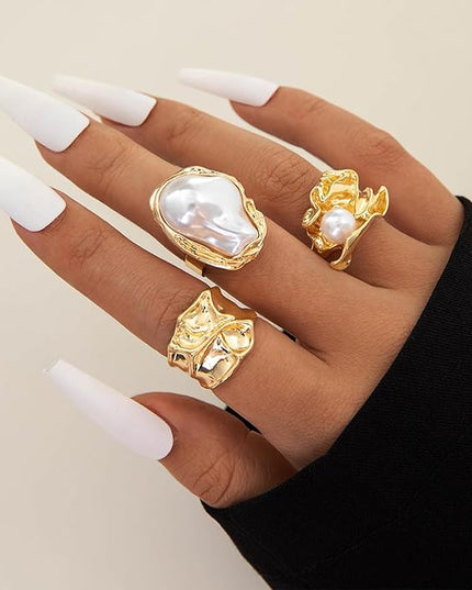 Chunky Gold Rings for Women Non Tarnish Statement Flower Ring Baroque Pearl Stackable Rings Set 6Pcs Chunky Jewelry