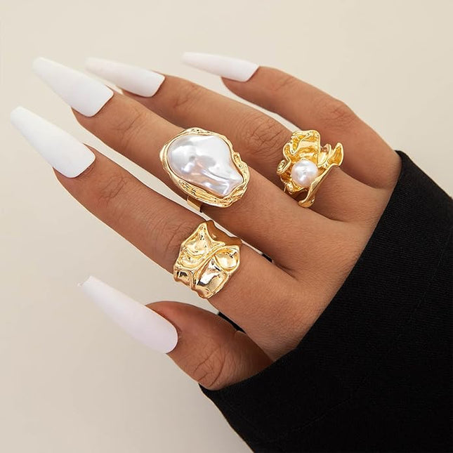 Chunky Gold Rings for Women Non Tarnish Statement Flower Ring Baroque Pearl Stackable Rings Set 6Pcs Chunky Jewelry