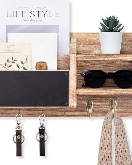 Lwenki Mail and Key Holder – Wall Mount Key Hanger with Shelf and 7 Metal Hooks – Decorative Natural Paulownia Wood Entryway Organizer with Mounting Hardware (16.5”W x 8.7”H x 3.5”D) (Wood)