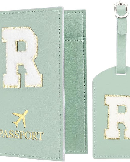 PATIKIL Passport Holder for Travel, Initial Passport Cover and Luggage Tag Set with Alphabet Chenille Letter Patch Travel Wallet Bag Suitcase Identifier for Women Family Travel Green R