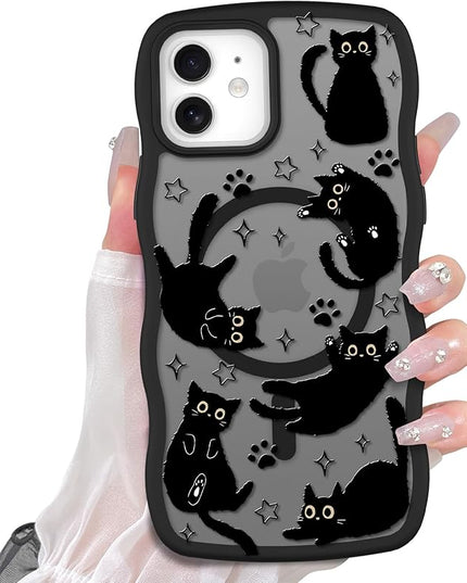 Cute Case for iPhone 12 Case [Compatible with MagSafe] with Kawaii Black Cats Cat Print Pattern Design for Women Girls, Soft Wavy Edge Anti-Slip Animal Magnetic Protective Phone Cover
