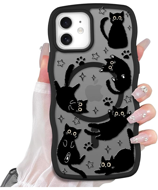 Cute Case for iPhone 12 Case [Compatible with MagSafe] with Kawaii Black Cats Cat Print Pattern Design for Women Girls, Soft Wavy Edge Anti-Slip Animal Magnetic Protective Phone Cover