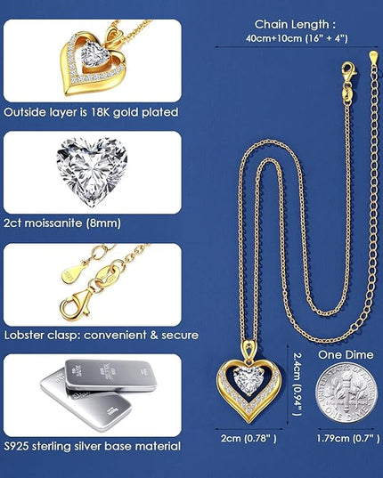 Beam & Bask 2-3 Ct Moissanite Double Heart Pendant Necklaces for Wife, 18K Gold Plated S925 Silver Jewelry for Women Girlfriend Mom Her on Anniversary Birthday