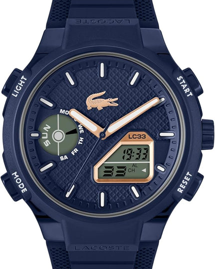 Lacoste LC33 Men's Analog-Digital Watch – TR90 Case, World Clock, Stopwatch, Alarm, Backlight, Textured Silicone Strap, Premium Fashion Timepiece - Gift for Him - 45mm