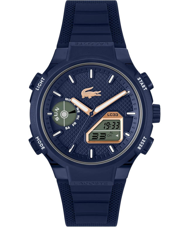 Lacoste LC33 Men's Analog-Digital Watch – TR90 Case, World Clock, Stopwatch, Alarm, Backlight, Textured Silicone Strap, Premium Fashion Timepiece - Gift for Him - 45mm