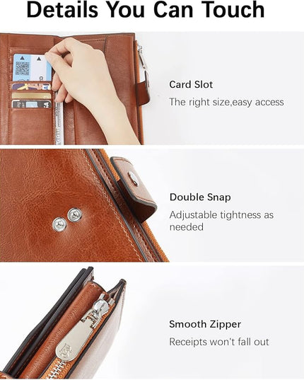 BOSTANTEN Womens Leather Wallets RFID Blocking Large Capacity Credit Cards Holder Phone Clutch Brown Orange