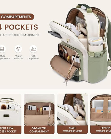 LOVEVOOK Laptop Backpack for Women with Pouch Pocket for Large Capacity Cup,18 Inch Laptop Computer Bag Travel Backpack Purse,Waterproof Work College Teacher Bags,White-Bean Green-Dark Olive Green