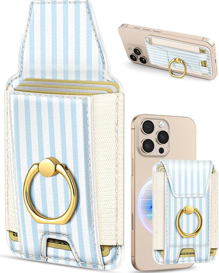 Shorogyt Compatible with Magsafe Wallet with Ring Grip Magnetic Card Holder - Cute Phone Wallets with Stand for iPhone 17/16/15/14/13/12 Series for Women Girls Blue White Design, Fit 7 Cards