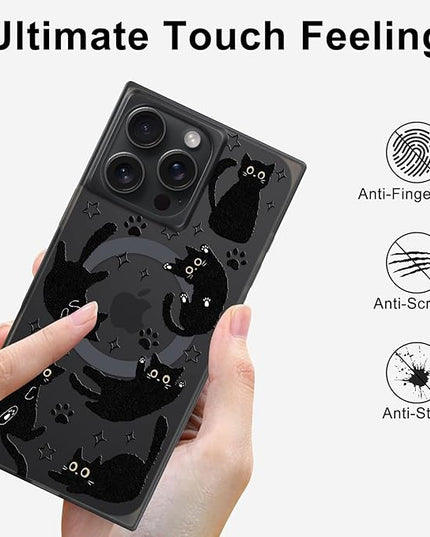 Cute Case for iPhone 16 Pro Case for Women Girls Boys [Compatible with Magsafe] Kawaii Black Cats Cat Pattern Design, Aesthetic Girly Animal Rectangle Magnetic Protective Phone Cover