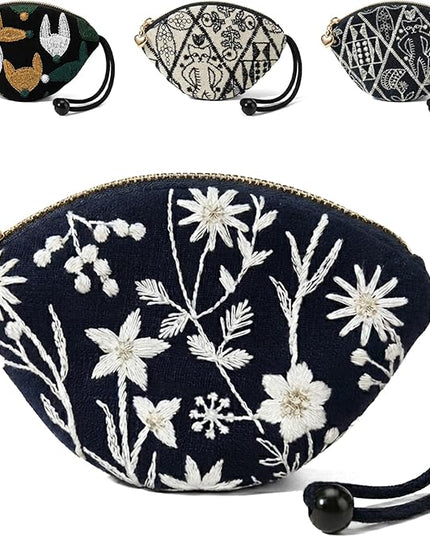 Embroidered Small Coin Purse for Women Girl,Vintage Cute Wallet Zipper Pouch,Handmade Aesthetic Oval Change Purse for Coins,Air-Tag,Small Jewelry Key with Pull-Out Key Ring