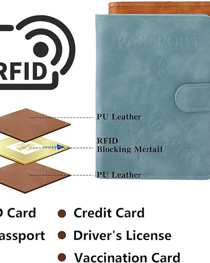 2PCS Passport Book Holder for Travel, Leather Passports Cover with Snap Closure, RFID Blocking Passport Holders Book Case Travel Wallet for Women Men, Airport Essentials Gift(Light Blue/Brown)