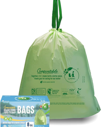 UNNI Compostable Drawstring Bags, 6-8 Gallon, 23-30 Liter, 45 Count, Heavy Duty 1 Mil, Medium Food Scrap Waste Bags, ASTM D6400, US BPI, CMA & Europe OK compost Certified, San Francisco