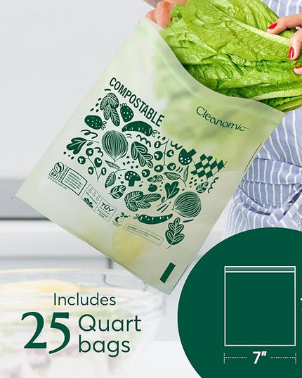 Cleanomic Compostable Zip Sandwich Bags - Leak Resistant, Gallon, Quart, Sandwich, Snack - 125 Count