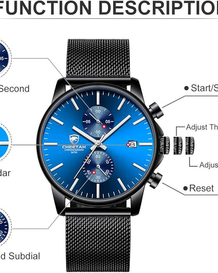GOLDEN HOUR Mens Watch Fashion Sleek Minimalist Quartz Analog Mesh Stainless Steel Waterproof Chronograph Watches for Men with Auto Date