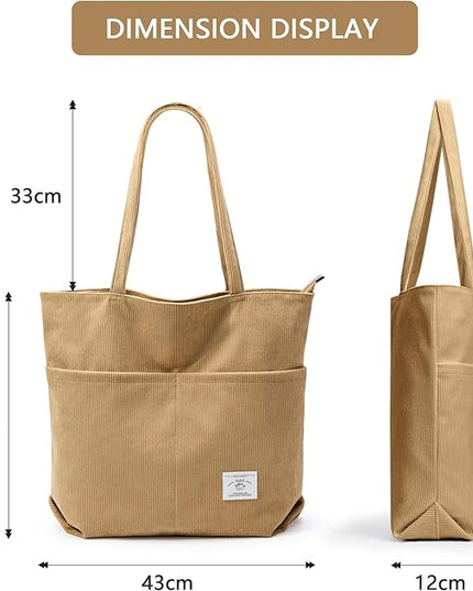 KALIDI Women Corduroy Tote Bag Zipper Casual Tote's Handbag Big Capacity Shoulder Bag with Pockets