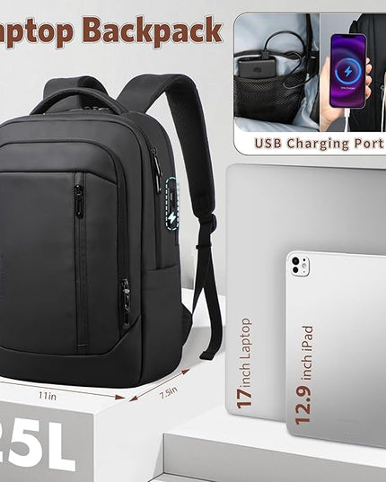 17 Inch Laptop Backpack for Travel, Business Laptops Backpack with USB Charging Port for Men/Women, Water Resistant Work Computer Backpack, Lightweight College Laptop Backpack Bag - Black