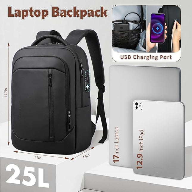 17 Inch Laptop Backpack for Travel, Business Laptops Backpack with USB Charging Port for Men/Women, Water Resistant Work Computer Backpack, Lightweight College Laptop Backpack Bag - Black