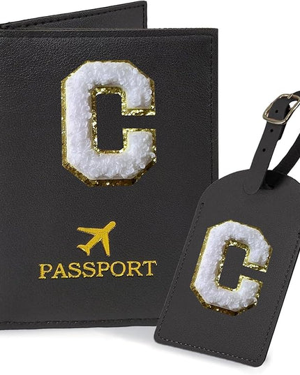 COSHAYSOO Black Passport Cover Holder and Initial Luggage Tag Set TSA Approved with Personalized Monogram Chenille Letter Patch for Women Teen Girls Couples, Preppy Travel Bag Suitcase Identifier (C)
