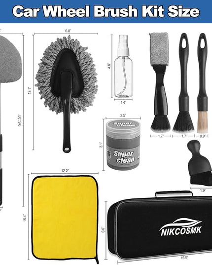 NIKCOSMK Windshield Cleaner Tool, 14Pcs Car Cleaning Kit - Car Interior Detailing Kit with Extendable Handle, Cleaning Gel & Microfiber Pads, All-in-One Inside Car Cleaning Supplies for Women Men