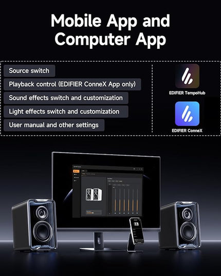 Edifier QR30 2.0 Desktop Active Speaker, Compact Bluetooth V5.4 Computer Speakers, Wireless Bookshelf Speaker, 30W (RMS), 3.5mm AUX & USB-A Wired Input, Dynamic Light Effects, App Control, Black