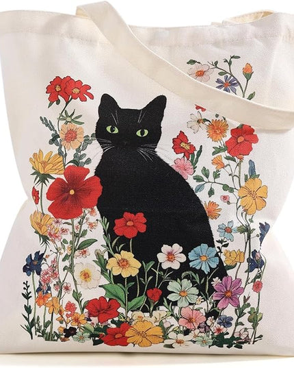 Women's Canvas Tote Bag - Black Cat Print Canvas Tote with Inner Pocket, Large Shoulder Bag for Gym,College,Library,Shopping