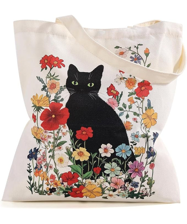 Women's Canvas Tote Bag - Black Cat Print Canvas Tote with Inner Pocket, Large Shoulder Bag for Gym,College,Library,Shopping