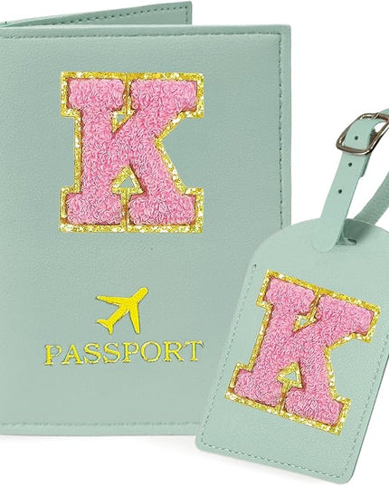 COSHAYSOO Initial Passport Cover Luggage Tag Set Letter Passport Holder Airplane Cruise Travel Essentials Vacation Traveling Accessories Personalized Gifts for Women Teen College Girls Teal K