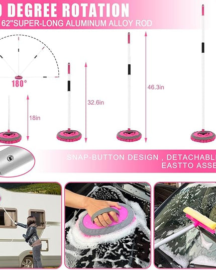 21Pcs Car Wash Kit,62" Car Wash Brush Mop with Long Handle,Car Cleaning Kit,Car Detailing Brush Set,Car Wash Bucket with Filter,Windshield Window Squeegee for Cars RV Truck Boat (Pink)