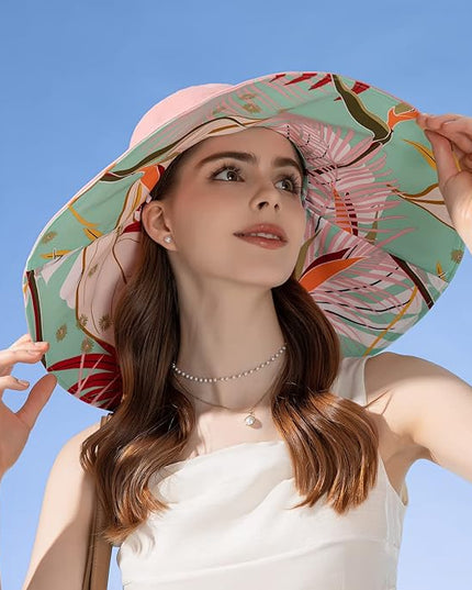 HUAMULAN Women Summer Sun Hat Wide Brim Wired Edge Floral Beach Bucket Hats Reversible Foldable Travel UV Protection Lady Hat