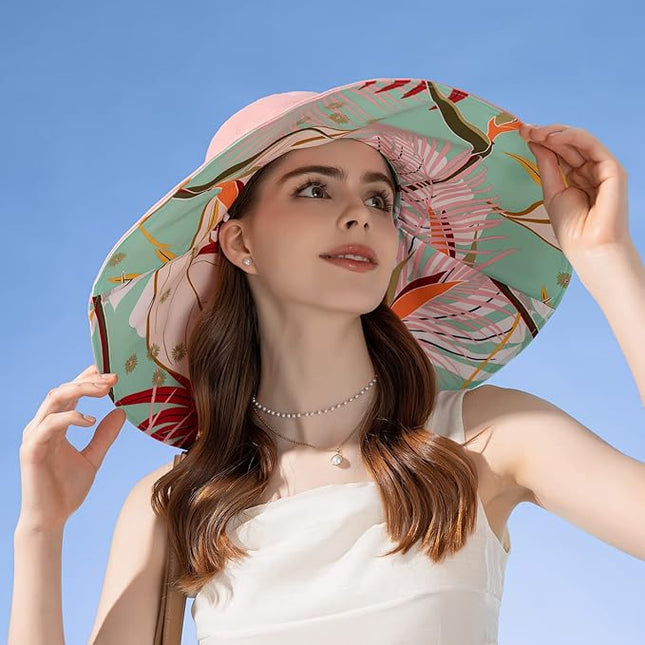 HUAMULAN Women Summer Sun Hat Wide Brim Wired Edge Floral Beach Bucket Hats Reversible Foldable Travel UV Protection Lady Hat