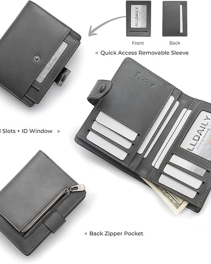 Alldaily Small RFID Blocking Leather Wallet for Women, Bifold with 10 Card Slots and Zipper Pocket (Grey)
