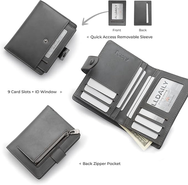 Alldaily Small RFID Blocking Leather Wallet for Women, Bifold with 10 Card Slots and Zipper Pocket (Grey)