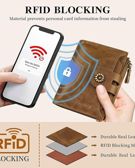 Blucoay Wallet Women,RFID Blocking Womens Wallet,Leather Bifold Compact Small Wallet for Women Card Holder with Zip Coin Pocket(apricotbrown)