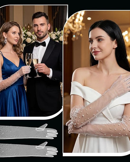 Long Pearl Wedding Gloves Tulle White Gloves for Women Sheer Bridal Lace Elbow Length Glove for Opera Party Brides