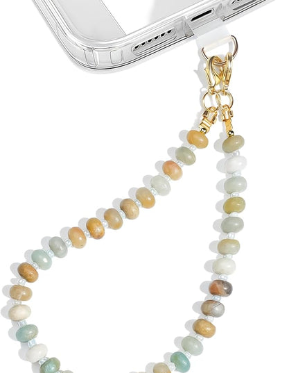Natural Stone Beaded Phone Wrist Strap for Women – Detachable Chain Wristlet, Durable 304 Stainless Steel Core (Amazonite)