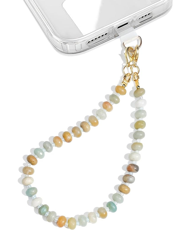 Natural Stone Beaded Phone Wrist Strap for Women – Detachable Chain Wristlet, Durable 304 Stainless Steel Core (Amazonite)