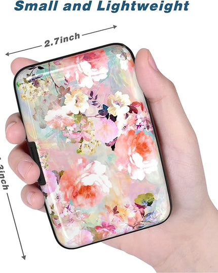 Atufsuat Credit Card Holder, Mini Aluminum Card Wallet RFID Blocking Slim Metal Hard Card Case for Women Men, Pink Flowers