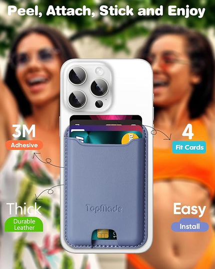 TopMade Phone Card Holder, Premium Leather Phone Wallet Stick on, Stronger 3M Adhesive Credit Card Holder for Back of Phone Case, iPhone, Samsung, and Android, RFID Blocking, Fit 4 Cards, Lavender