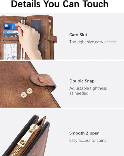 BOSTANTEN Womens Leather Wallets RFID Blocking Large Capacity Trifold Card Holder Ladies Phone Clutch Grey Brown