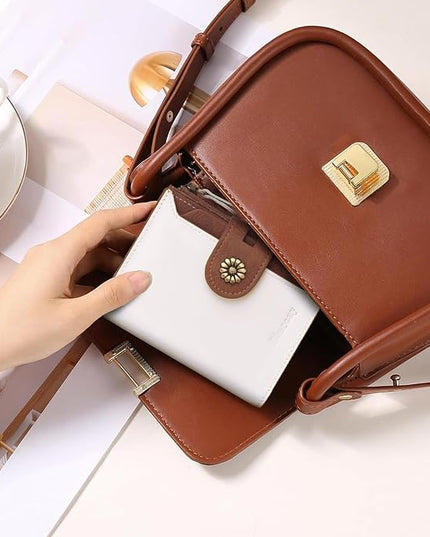 Blucoay Wallet Women,RFID Blocking Leather Womens Wallet Bifold Compact Card Holder Small Wallet for Women with Removable ID Window(Whitebrown)