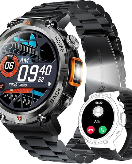 Military Smart Watch for Men with LED Flashlight 1.45” Rugged 3ATM Waterproof Smart Watch with 100+ Sports Modes Fitness Tracker with Heart Rate Sleep Monitor Tactical Smartwatch for iPhone Android