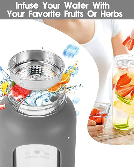 32 oz Glass Water Bottle with Straw - Motivational Time Marker & Silicone Sleeve - Reusable Tumbler Includes 2 Bamboo Lids & Fruit Infuser - 1 Pack